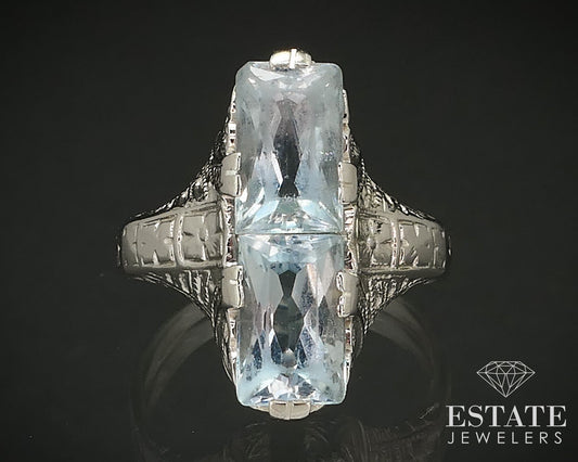 Antique 14k White Gold Natural Aquamarine Filigree Ladies Ring 3.1g i16961
