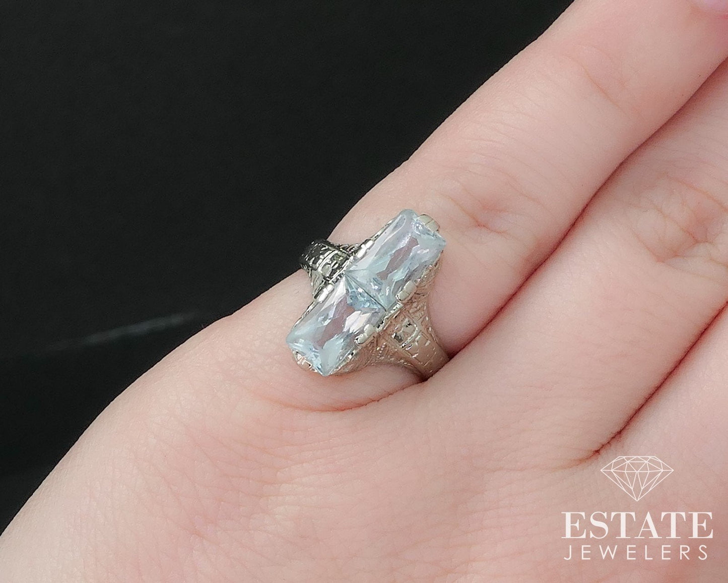 Antique 14k White Gold Natural Aquamarine Filigree Ladies Ring 3.1g i16961