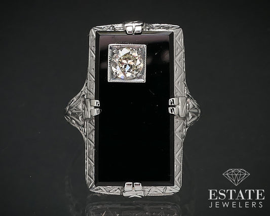Antique 18k White Gold Black Onyx & .25ct Diamond Filigree Ring 4.4g i16996
