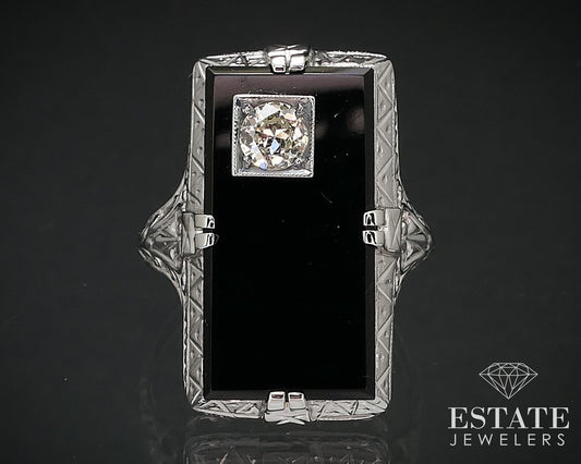 Antique 18k White Gold Black Onyx & .25ct Diamond Filigree Ring 4.4g i16996