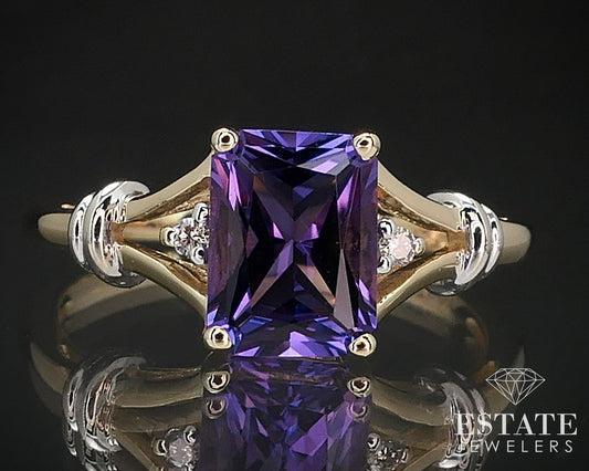 14k Yellow Gold Radiant Natural Amethyst & Diamond Ladies Ring 2.6g i17006
