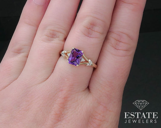 14k Yellow Gold Radiant Natural Amethyst & Diamond Ladies Ring 2.6g i17006