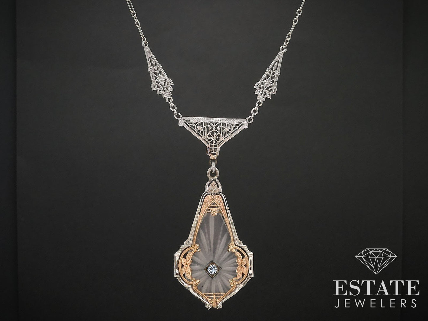 Antique 14k Two Tone Gold Rock Crystal Quartz Filigree Necklace 7.6g 18"L i16999