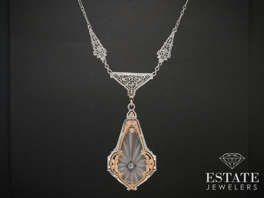 Antique 14k Two Tone Gold Rock Crystal Quartz Filigree Necklace 7.6g 18"L i16999