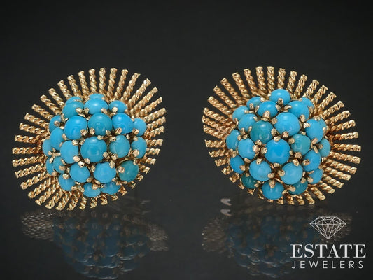 Vintage 14k Yellow Gold Natural Turquoise Cluster Sunburst Earrings 10.4g i17003