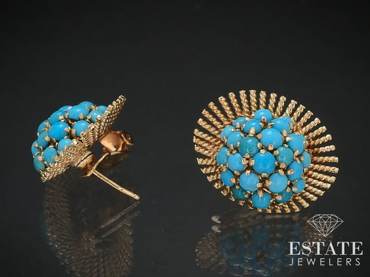 Vintage 14k Yellow Gold Natural Turquoise Cluster Sunburst Earrings 10.4g i17003