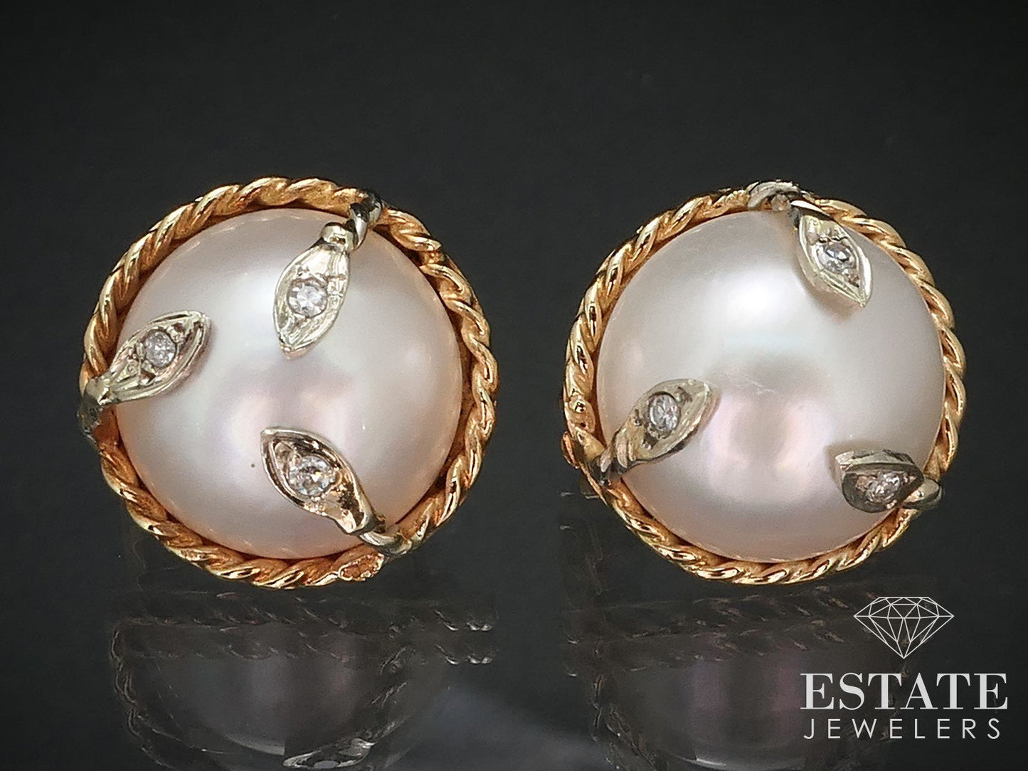 14k Yellow Gold 16mm Mabe Pearl & Diamond Button Stud Earrings 13.6g i17011