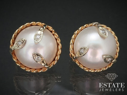 14k Yellow Gold 16mm Mabe Pearl & Diamond Button Stud Earrings 13.6g i17011