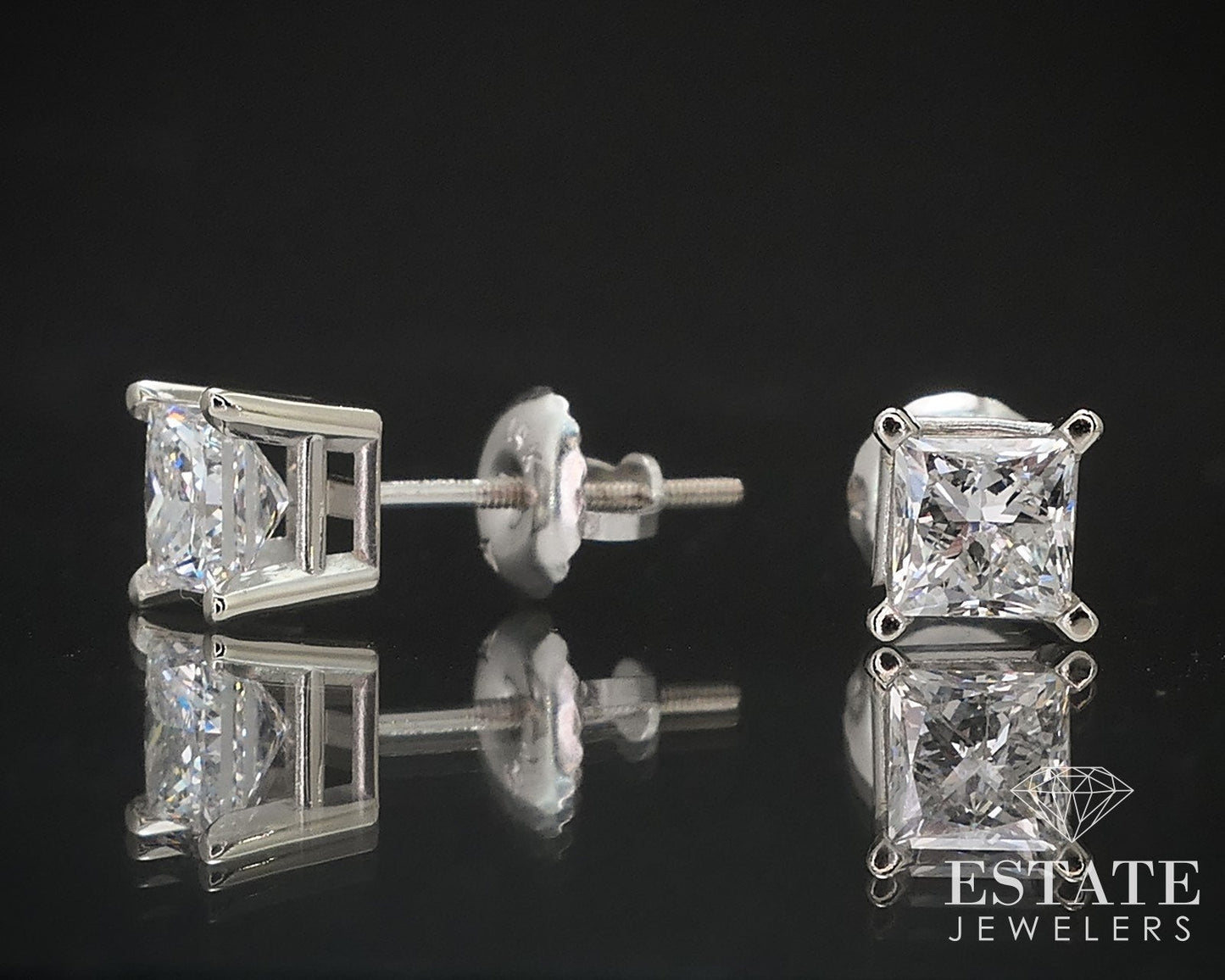 14k White Gold Princess Natural .80ctw Diamond Screw Back Earrings i17004