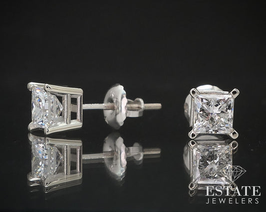14k White Gold Princess Natural .80ctw Diamond Screw Back Earrings i17004
