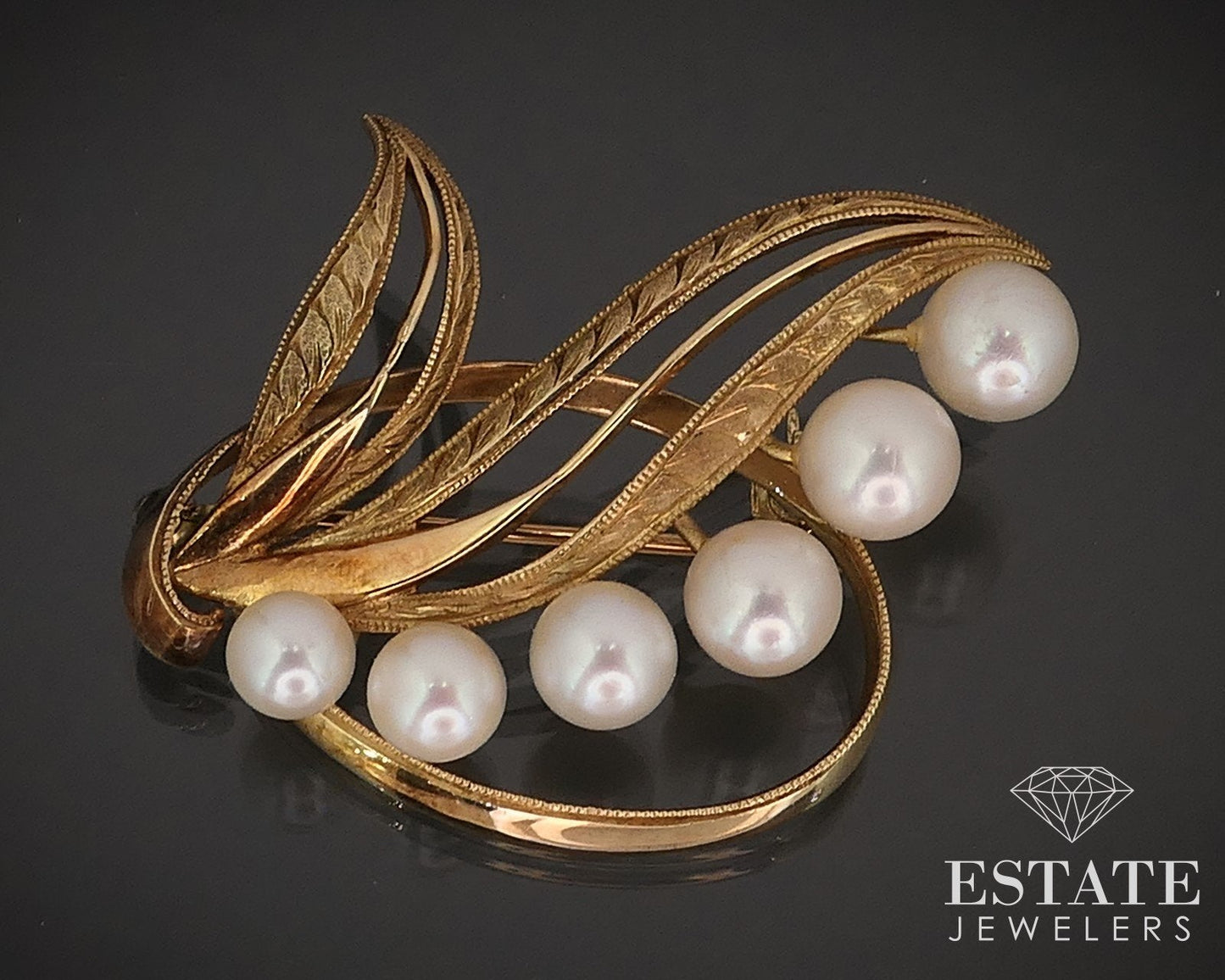 Vintage 14k Yellow Gold Mikimoto Akoya Pearl Spray Leaf Pin Brooch 8.3g i17106