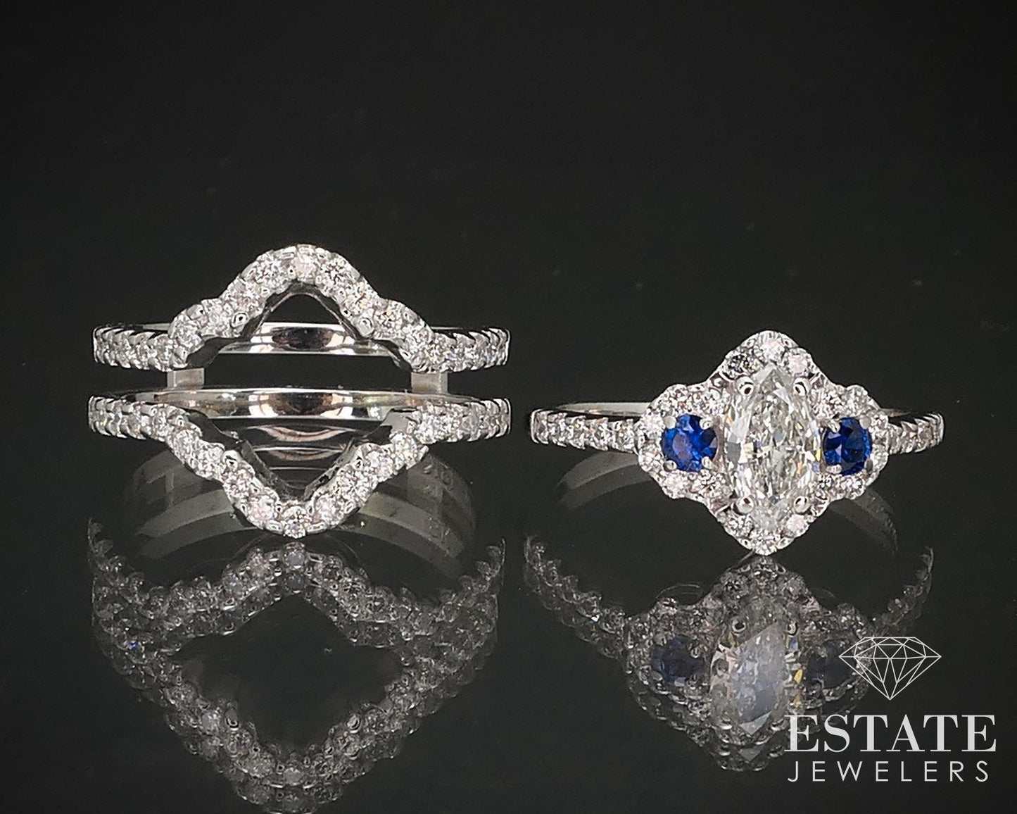 18k White Gold Marquise Natural 1.44ctw Diamond Sapphire Wedding Set 8.4g i17110