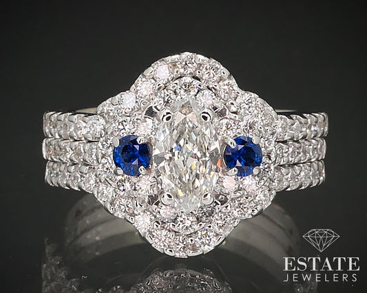 18k White Gold Marquise Natural 1.44ctw Diamond Sapphire Wedding Set 8.4g i17110