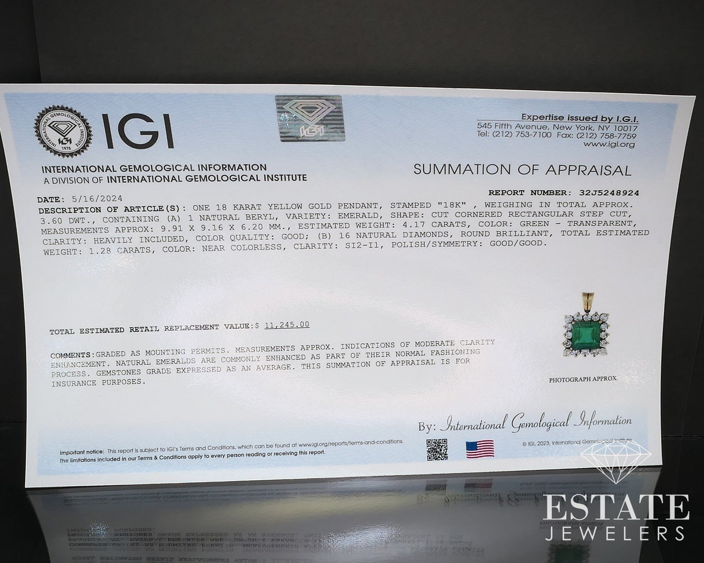 18k Yellow Gold IGI Natural 4.17ct Emerald & Diamond Halo Pendant 5.7g i17117