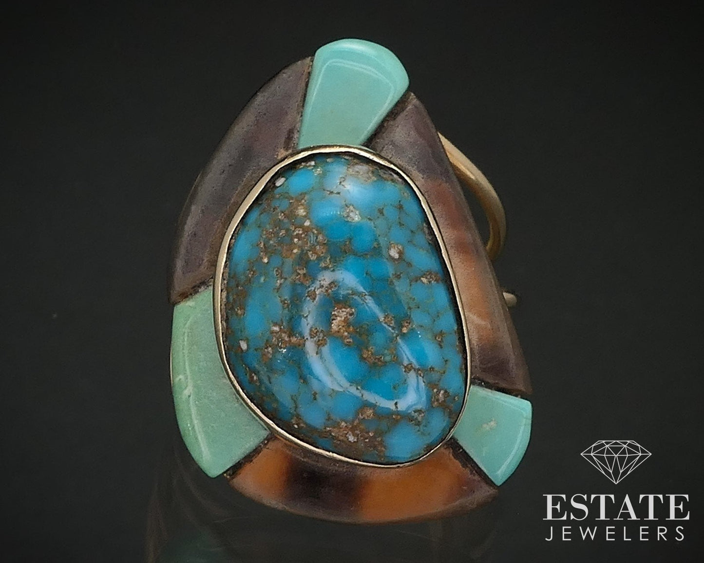14k Yellow Gold Natural Turquoise Sam Begay Navajo Ring 8.9g i17166