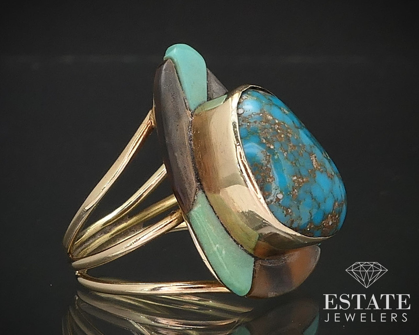 14k Yellow Gold Natural Turquoise Sam Begay Navajo Ring 8.9g i17166