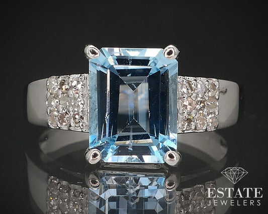 14k White Gold Natural 2ct Aquamarine & Diamond Ladies Ring 3.9g i17176