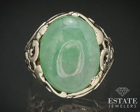 Vintage 14k Yellow Gold Natural Green Jade Ladies Ring 5.9g i17182