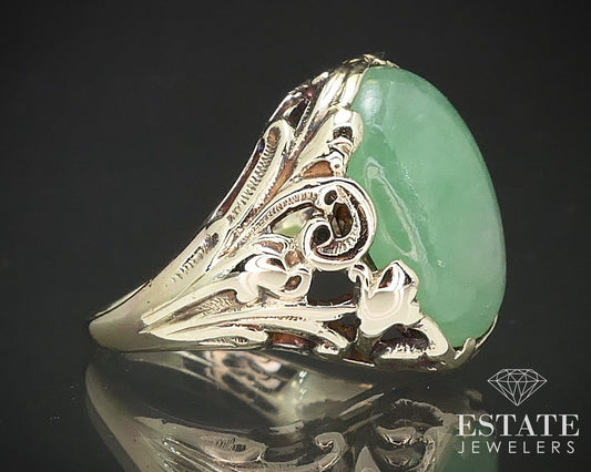 Vintage 14k Yellow Gold Natural Green Jade Ladies Ring 5.9g i17182