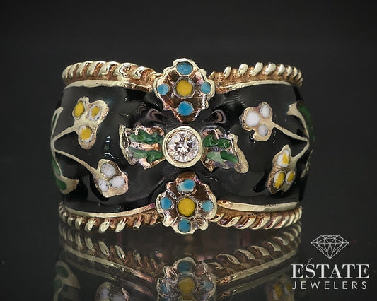 Antique 12k Yellow Gold Natural Diamond Enameled Band Ring 8.8g i17163