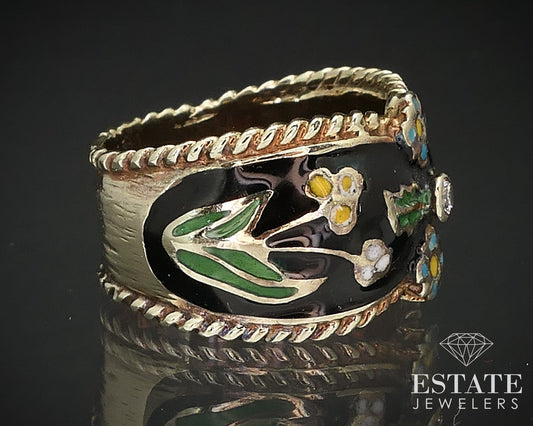 Antique 12k Yellow Gold Natural Diamond Enameled Band Ring 8.8g i17163