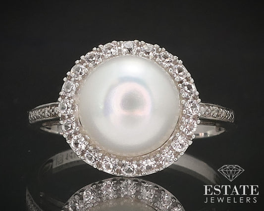 14k White Gold 9.2mm Mabe Cultured Pearl & White Topaz Halo Ring 3.4g i17231b