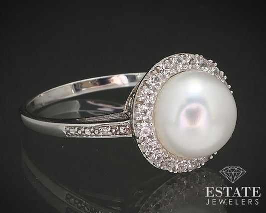 14k White Gold 9.2mm Mabe Cultured Pearl & White Topaz Halo Ring 3.4g i17231b