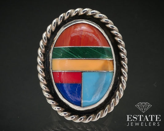 Vintage Sterling Navajo Natural Multi Gem Willie Saiz Large Ring 11g i17287