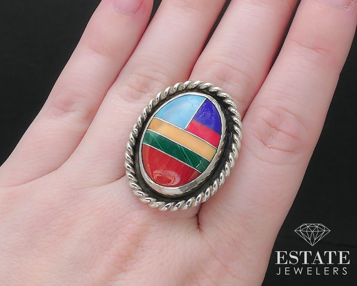 Vintage Sterling Navajo Natural Multi Gem Willie Saiz Large Ring 11g i17287