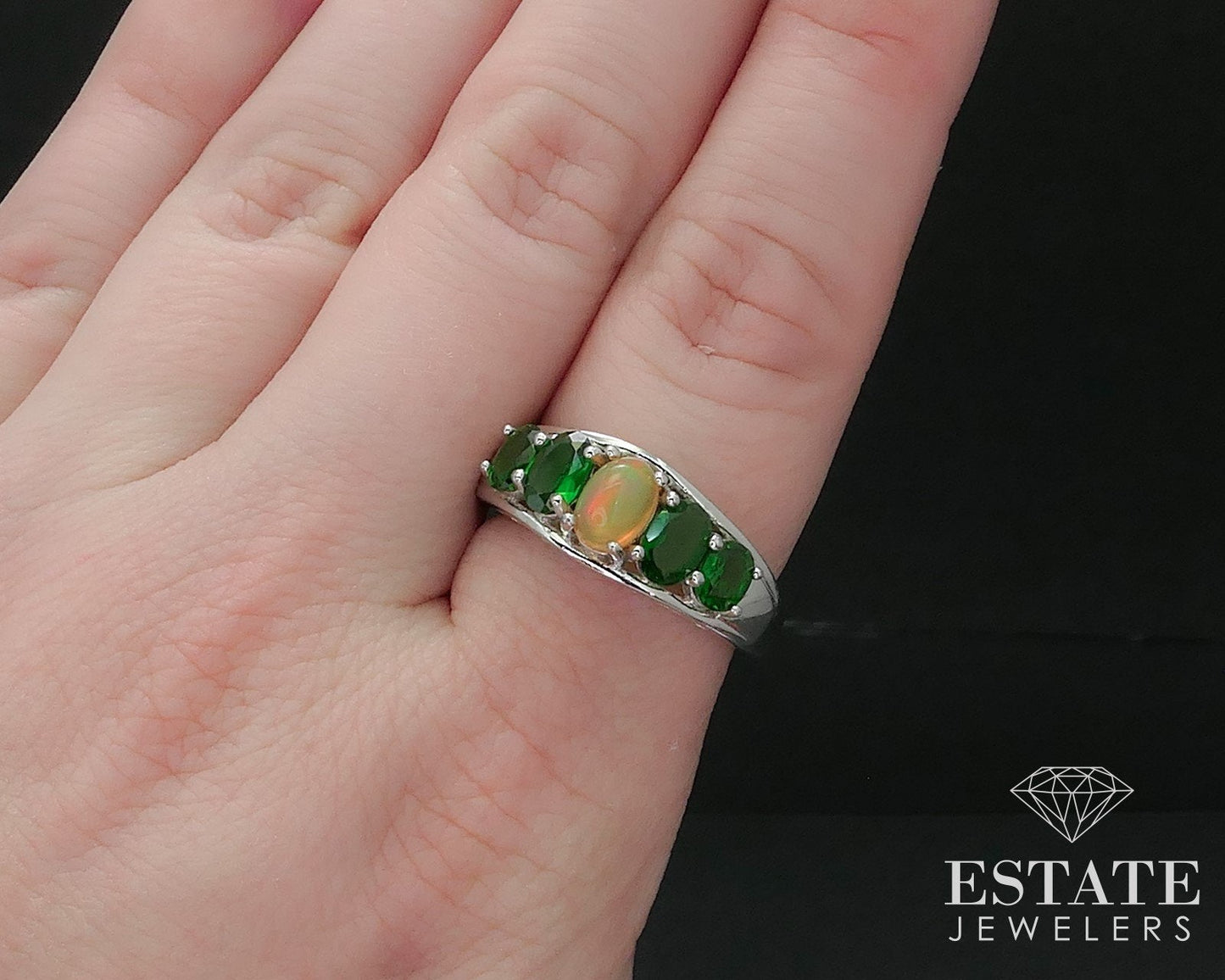 Sterling Natural Jelly Opal & Chrome Diopside Kit Heath Ladies Ring 5.2g i17285