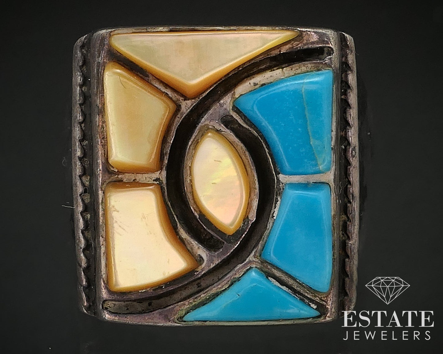 Vintage Sterling Silver Navajo Natural Turquoise & MOP Mens Ring 23.2g p72697