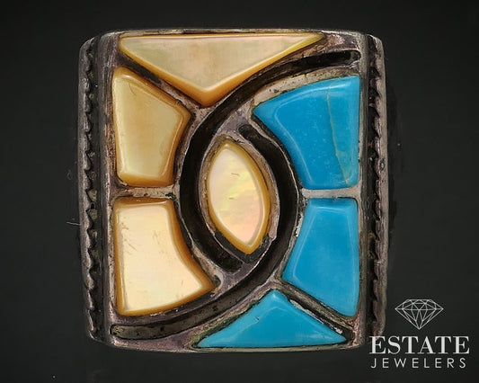 Vintage Sterling Silver Navajo Natural Turquoise & MOP Mens Ring 23.2g p72697