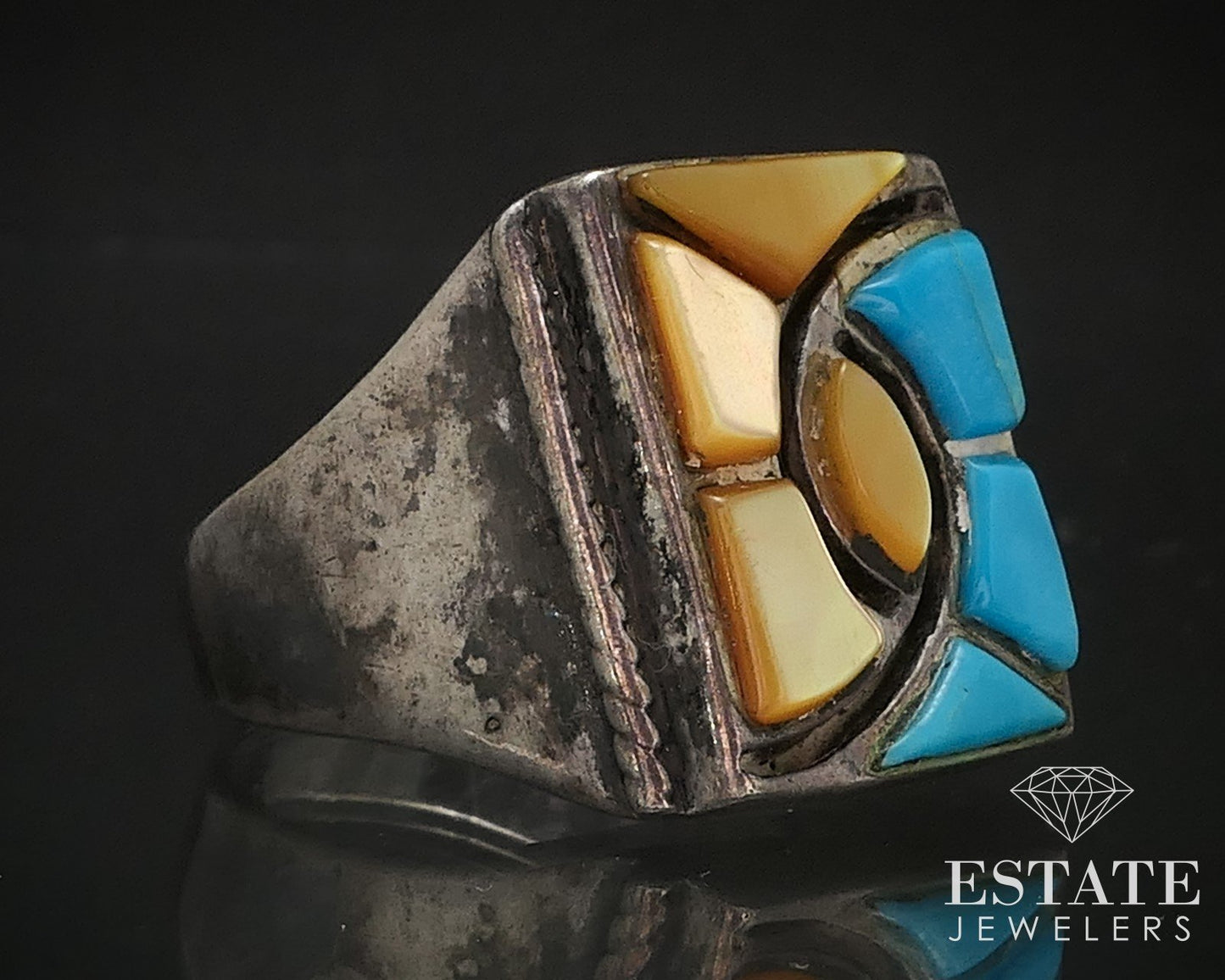 Vintage Sterling Silver Navajo Natural Turquoise & MOP Mens Ring 23.2g p72697
