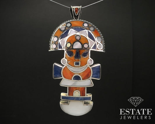 Vintage Sterling 950 Mexico Multi Gem Totem Pendant 15.9g i17276