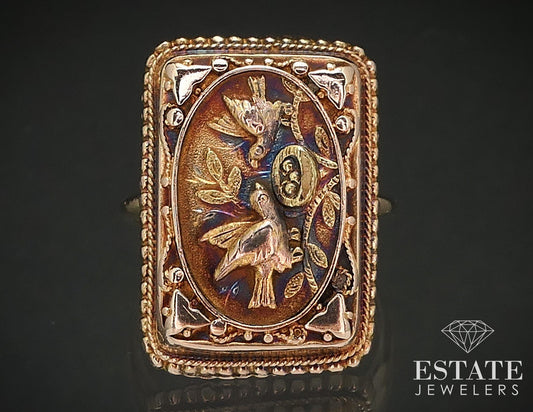 Antique Victorian 14k Yellow Gold Bird & Nest Ladies Shield Ring 6.2g i17248