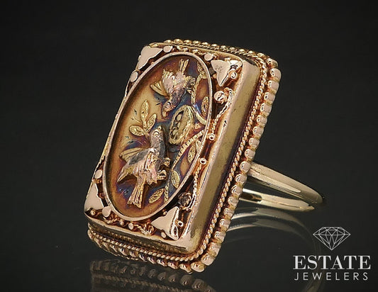 Antique Victorian 14k Yellow Gold Bird & Nest Ladies Shield Ring 6.2g i17248
