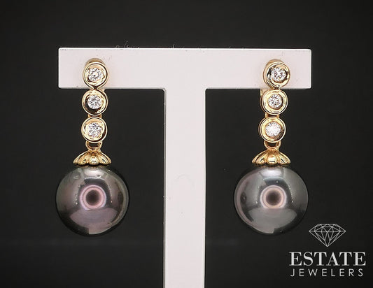 14k Yellow Gold 8.8mm Cultured Black Pearl & Diamond Dangle Earrings 3.3g i17256