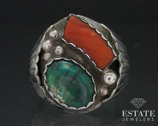 Vintage Sterling Silver Navajo Natural Turquoise & Coral Mens Ring 20.6g i17350