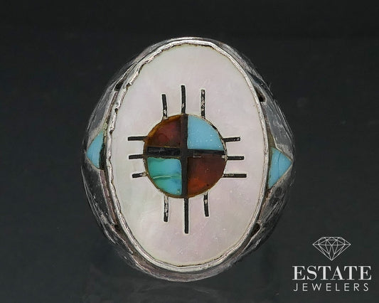 Vintage Sterling Zuni Multi Gem Large Mens Band Ring 16.7g i17344