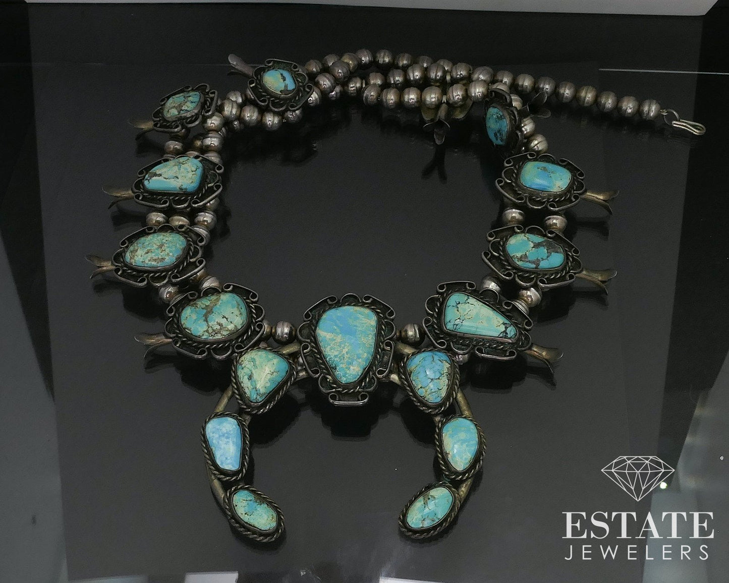 Vintage Sterling Natural Turquoise Navajo Squash Blossom Necklace 204g i17337