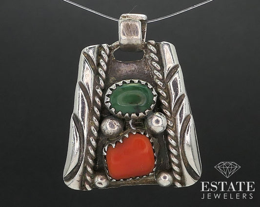 Vintage Sterling Mike Thomas Jr Navajo Turquoise Coral Pendant 8.3g i17335