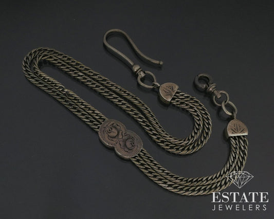 Antique Victorian Sterling Double Chain Slide Charm Watch Fob 28.9g 14"L i17333