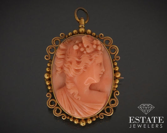 Antique Victorian 14k Yellow Gold Natural Coral Cameo Pin Pendant 6g i17384