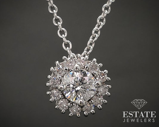 14k White Gold Natural .47ctw Diamond Halo Ladies Necklace 2.5g 18"L i17383