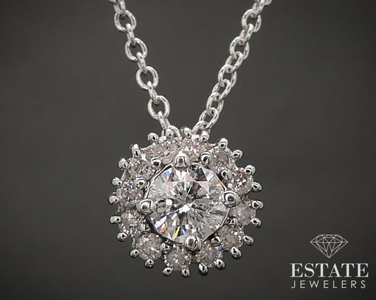14k White Gold Natural .47ctw Diamond Halo Ladies Necklace 2.5g 18"L i17383