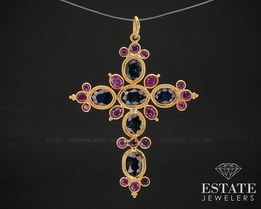 Vintage 18k Yellow Gold Natural Ruby & Blue Sapphire Cross Pendant 1.8g i17387