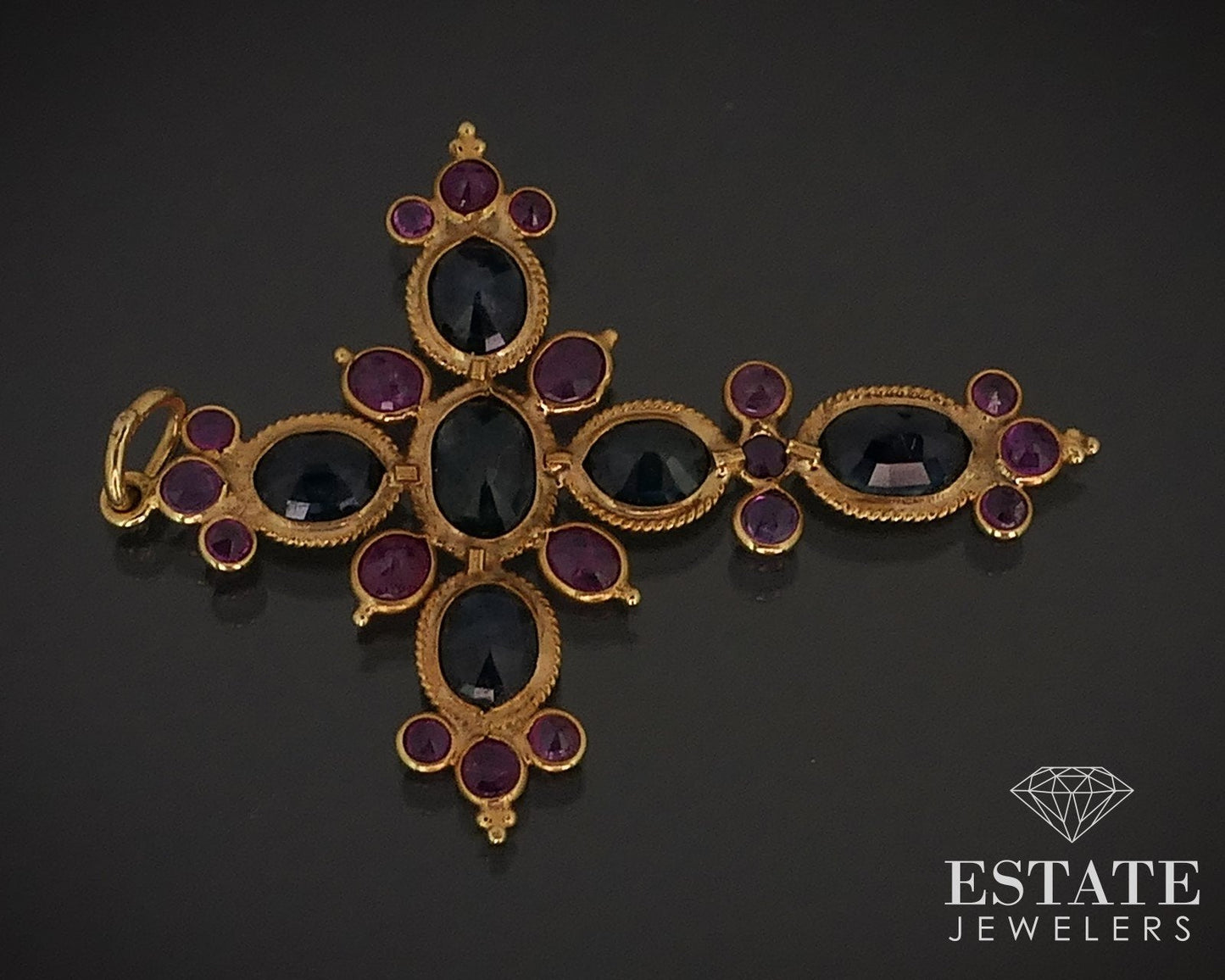 Vintage 18k Yellow Gold Natural Ruby & Blue Sapphire Cross Pendant 1.8g i17387