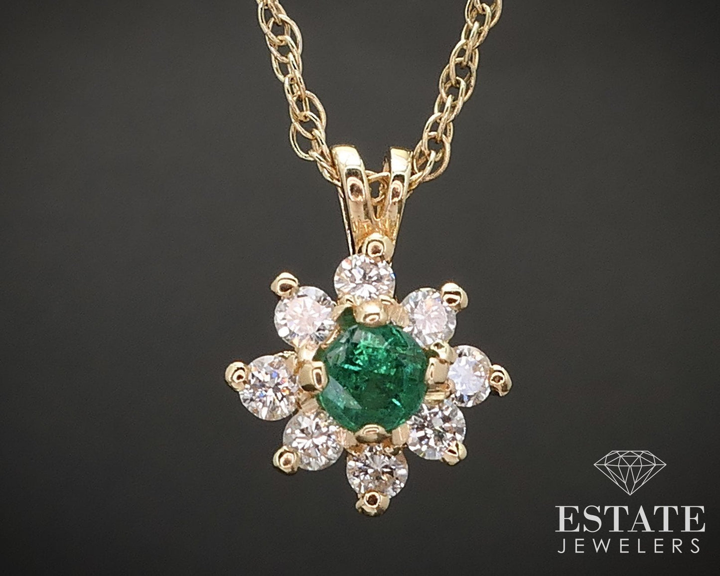 14k Yellow Gold Natural Emerald & Diamond Halo Ladies Necklace 2.3g i17386