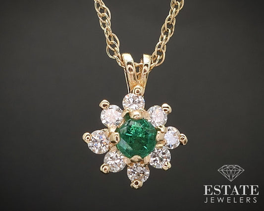 14k Yellow Gold Natural Emerald & Diamond Halo Ladies Necklace 2.3g i17386