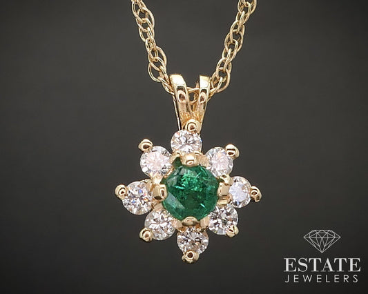 14k Yellow Gold Natural Emerald & Diamond Halo Ladies Necklace 2.3g i17386